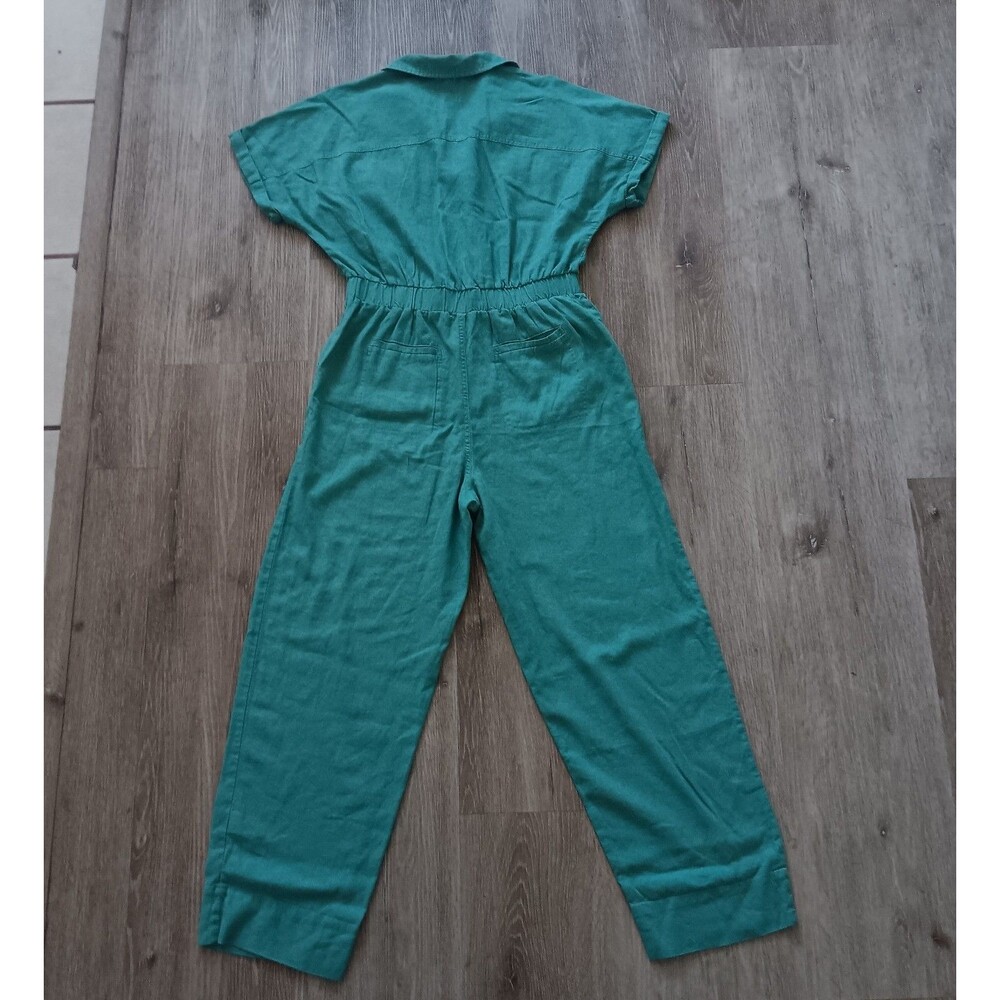 Sage Green Jumpsuit Womens 8 Linen Blend Button Tie Front Pockets Beachy Coastal - Picture 7 of 13